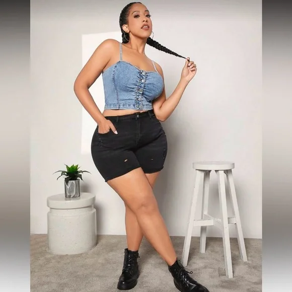 Women's Plus Size Denim corset Sleeveless Cami Crop Top - Picture 3 of 7